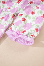 Pink Floral Print Striped Trim Frilled Neck 3/4 Sleeve Flared Mini Dress