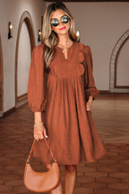 Cinnamon Bracelet Sleeve Split Neck Scallop Detail Pleated Corduroy Mini Dress