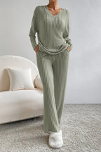 Women's Ribbed V-Neck Top and Pants Loungewear Set - Comfortable & Stylish