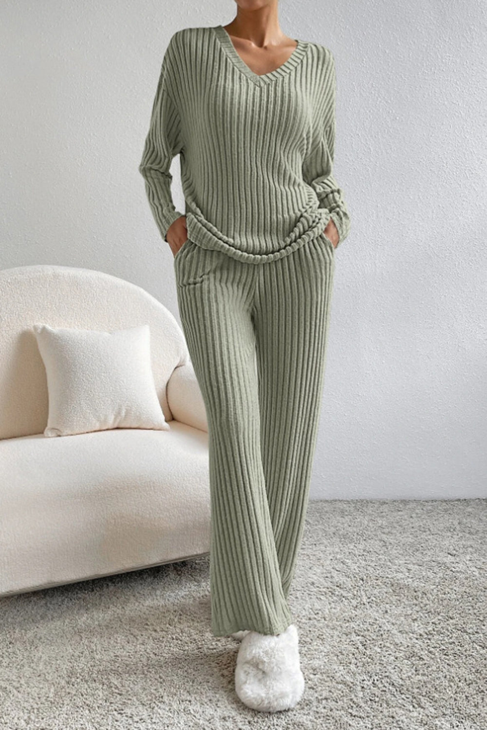 Women's Ribbed V-Neck Top and Pants Loungewear Set - Comfortable & Stylish
