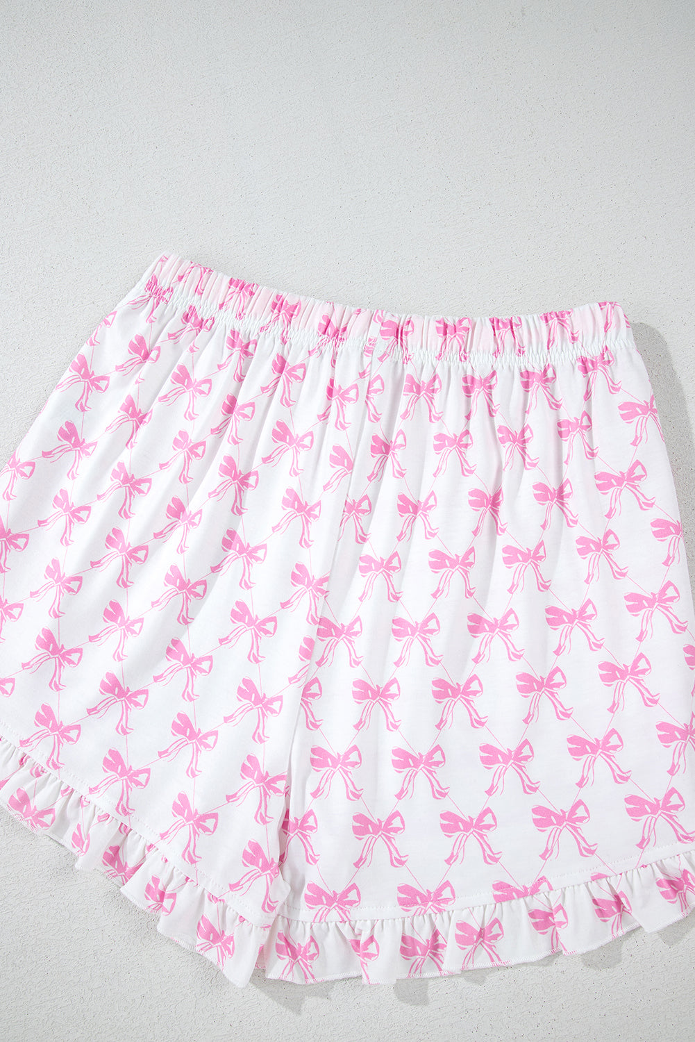 Cute Pink Bowknot Printed Short Sleeve Pajama Set with Ruffled Shorts