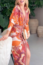 Unique Print Dolman Long Sleeve Ruched Slit Midi Dress for Women - Casual & Vacation Wear