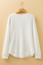 White Rounded Hem Waffle Long Sleeve Top