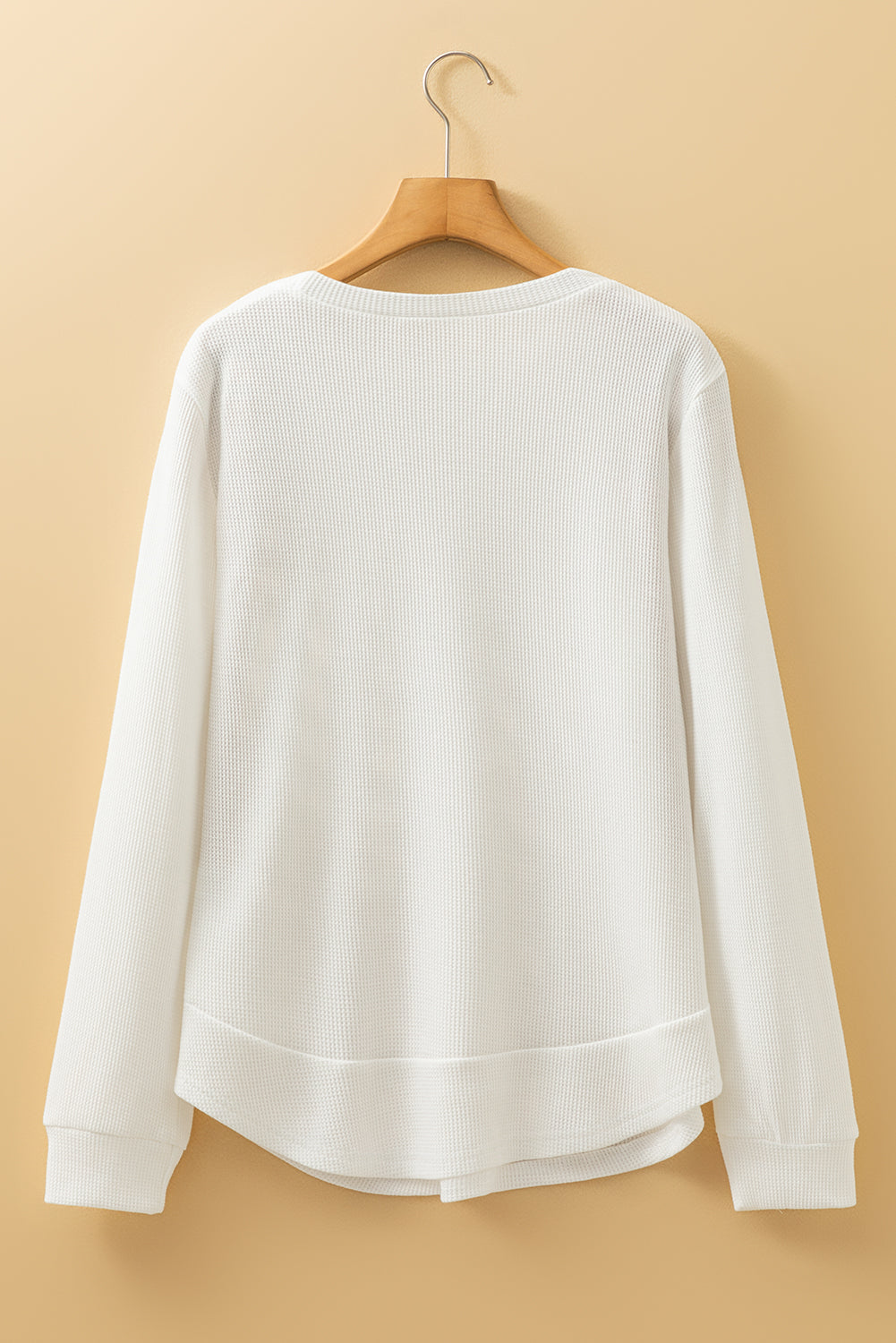 White Rounded Hem Waffle Long Sleeve Top