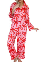 Chic Pink 2-Piece Bow Print Shirt Style Long Sleeve Pajama Set for Women