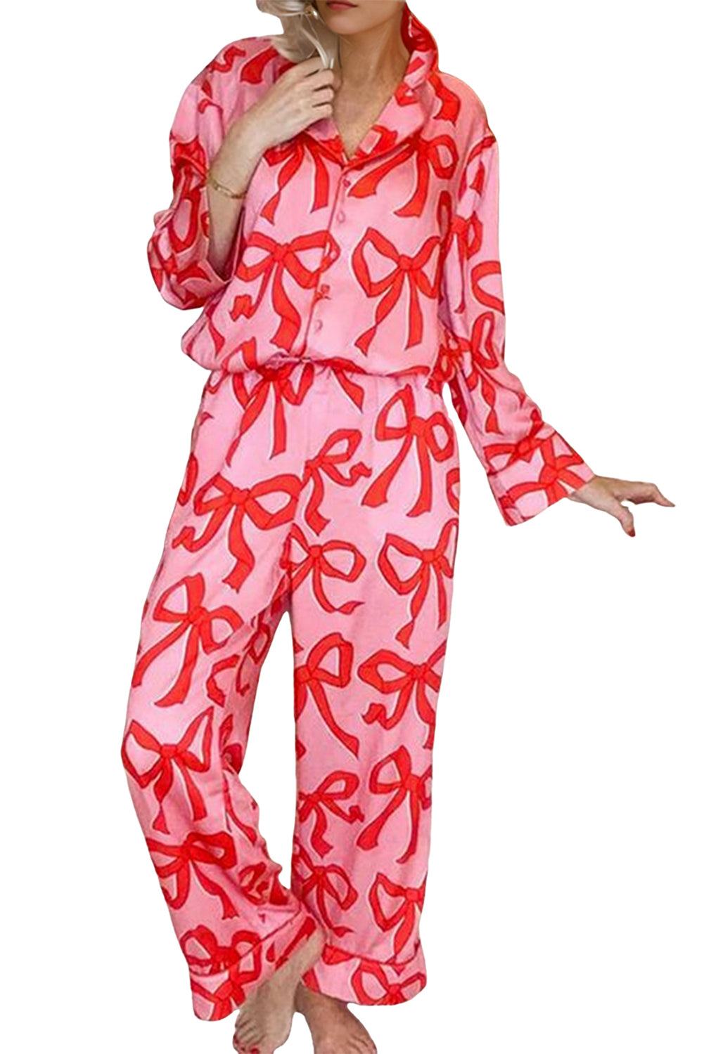 Chic Pink 2-Piece Bow Print Shirt Style Long Sleeve Pajama Set for Women