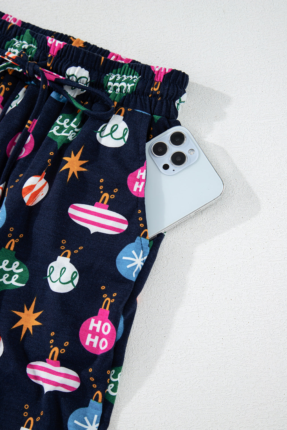 Navy Blue Christmas Lights Print Shirt and Pants Pajama Set - Festive & Comfortable