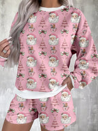 Christmas Santa Print Round Neck Top and Shorts Lounge Set