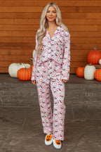 Pink Halloween Eve Haunted Honey Bat Print Pajama Set