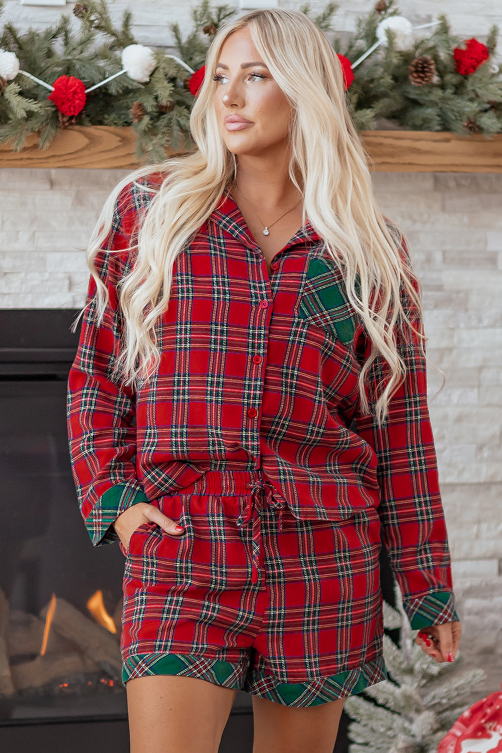 Dearlovers Women's Red Plaid Contrast Patched Christmas Holiday Long Sleeve Shirt and Short 2-Piece Pajama Set