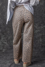 Khaki Leopard Printed Drawstring Elastic Waistband Pocketed Wide Leg Jeans