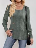 Ribbed Knit Slit Long Sleeve T-Shirt