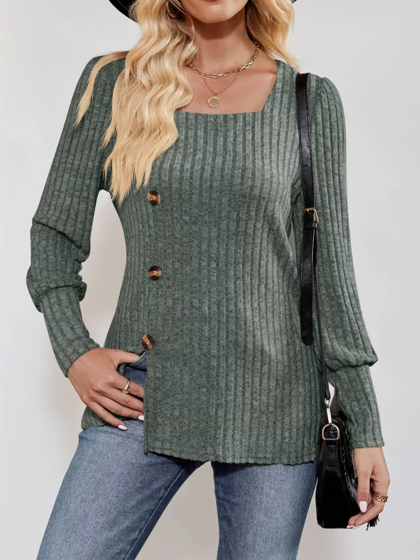 Ribbed Knit Slit Long Sleeve T-Shirt