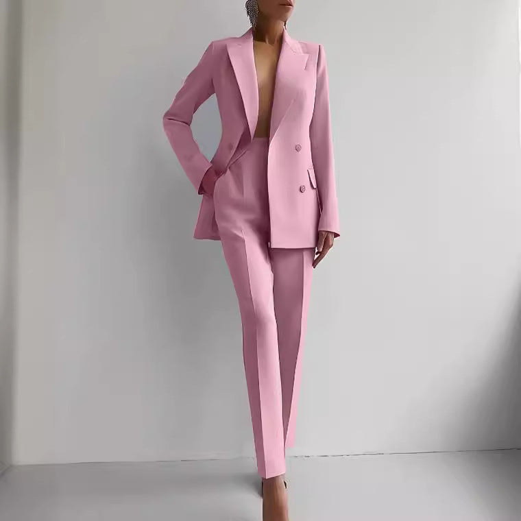 Chic Solid Color Blazer & High Waist Pants Set - Versatile Commuting & Business Attire