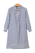 Blue Stripe Collared Half Button Side Pockets Loose Fit Mini Dress