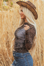 Black Western Rodeo Printed Mock Neck Long Sleeve Mesh Top