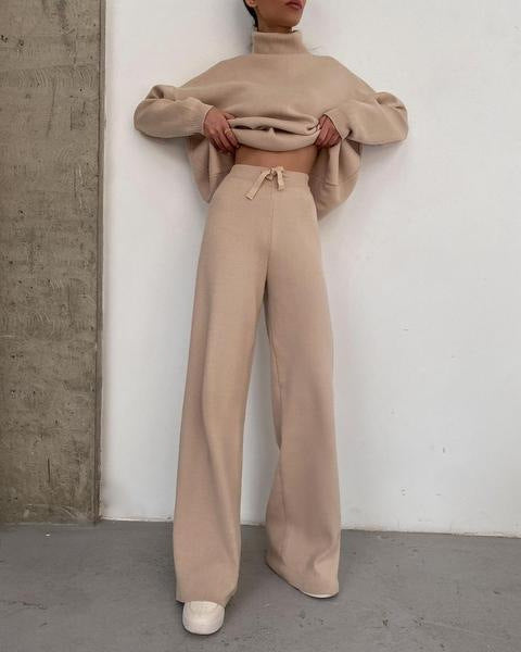 Chic Solid Color Loose Casual Knitted Two-Piece Suit - Long Sleeve Top & Pants Set