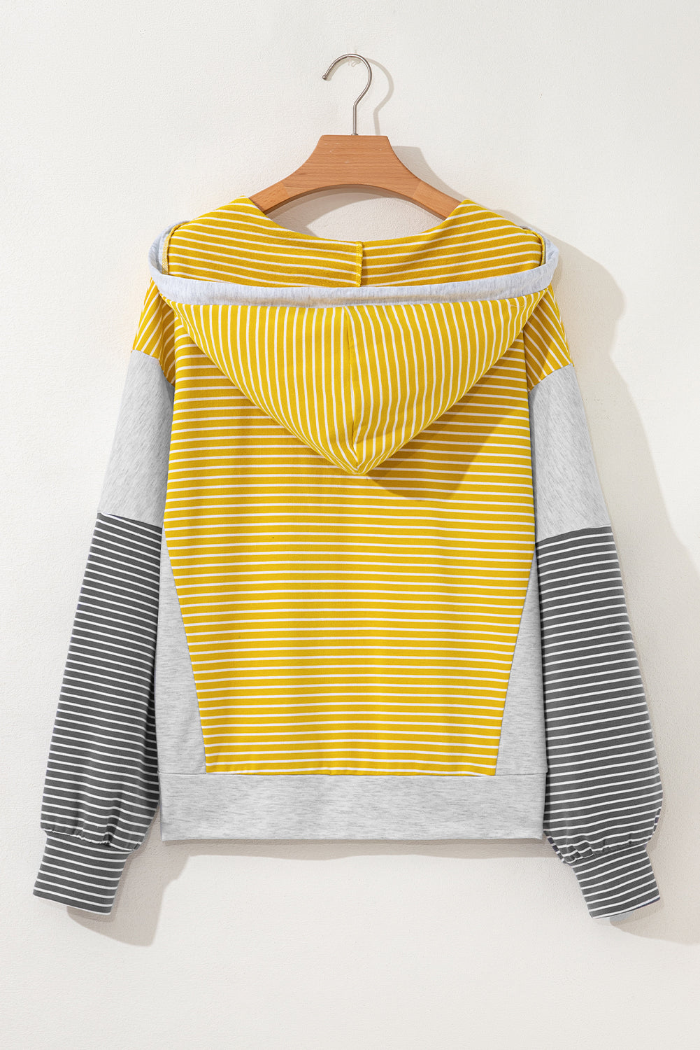 Yellow Stripe Color Block Drawstring V Neck Loose Fit Hooded Top
