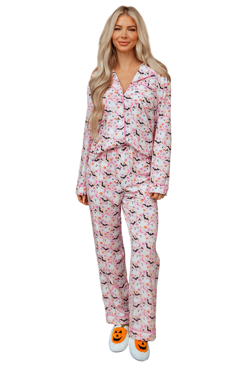 Pink Halloween Eve Haunted Honey Bat Print Pajama Set