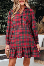 Red Plaid Shirt Collar Half Button Ruffle Hem Long Sleeve Mini Dress