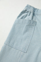 Sky Blue Stripe Mid Rise Drawstring Waist Jeans