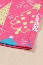 Festive Rose Christmas Tree Print V-Neck Tee and Cozy Pants Lounge Set for Daily Wear