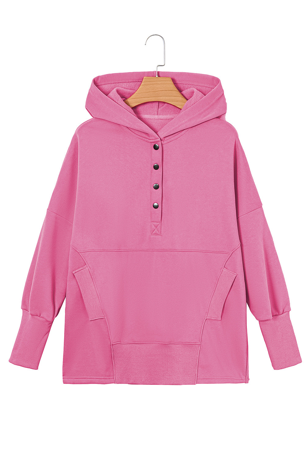 Pink Batwing Sleeve Pocketed Henley Hoodie