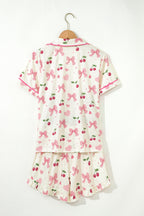Beige Bow Fruit Print Contrast Pipping Short Pajamas Set