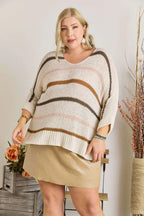 ADORA Full Size Multi Color Strip Sweater Plus Size