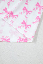 Cute Pink Bowknot Printed Short Sleeve Pajama Set with Ruffled Shorts