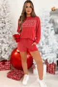 Racing Red "MERRY" Graphic Long Sleeve Top and Shorts Set with Corded Detailing - Casual & Festive Loungewear
