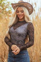 Black Western Rodeo Printed Mock Neck Long Sleeve Mesh Top
