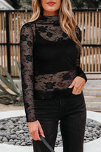 Black Sheer Floral Lace Mesh Mock Neck Long Sleeve Top