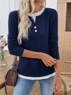 Ribbed Knit Long Sleeve Henley T-Shirt