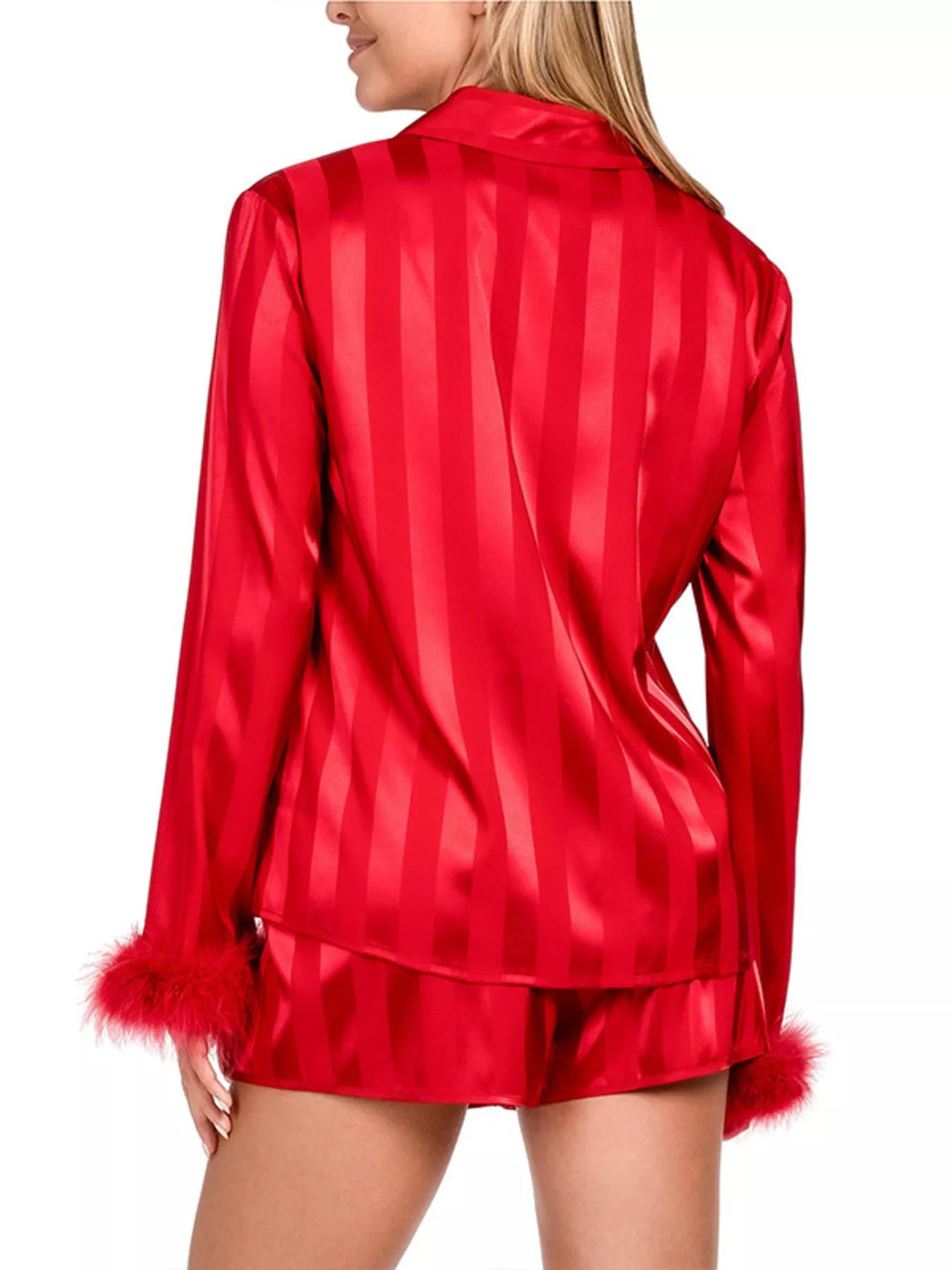 Striped Feather Trim Shirt and Shorts Lounge Set