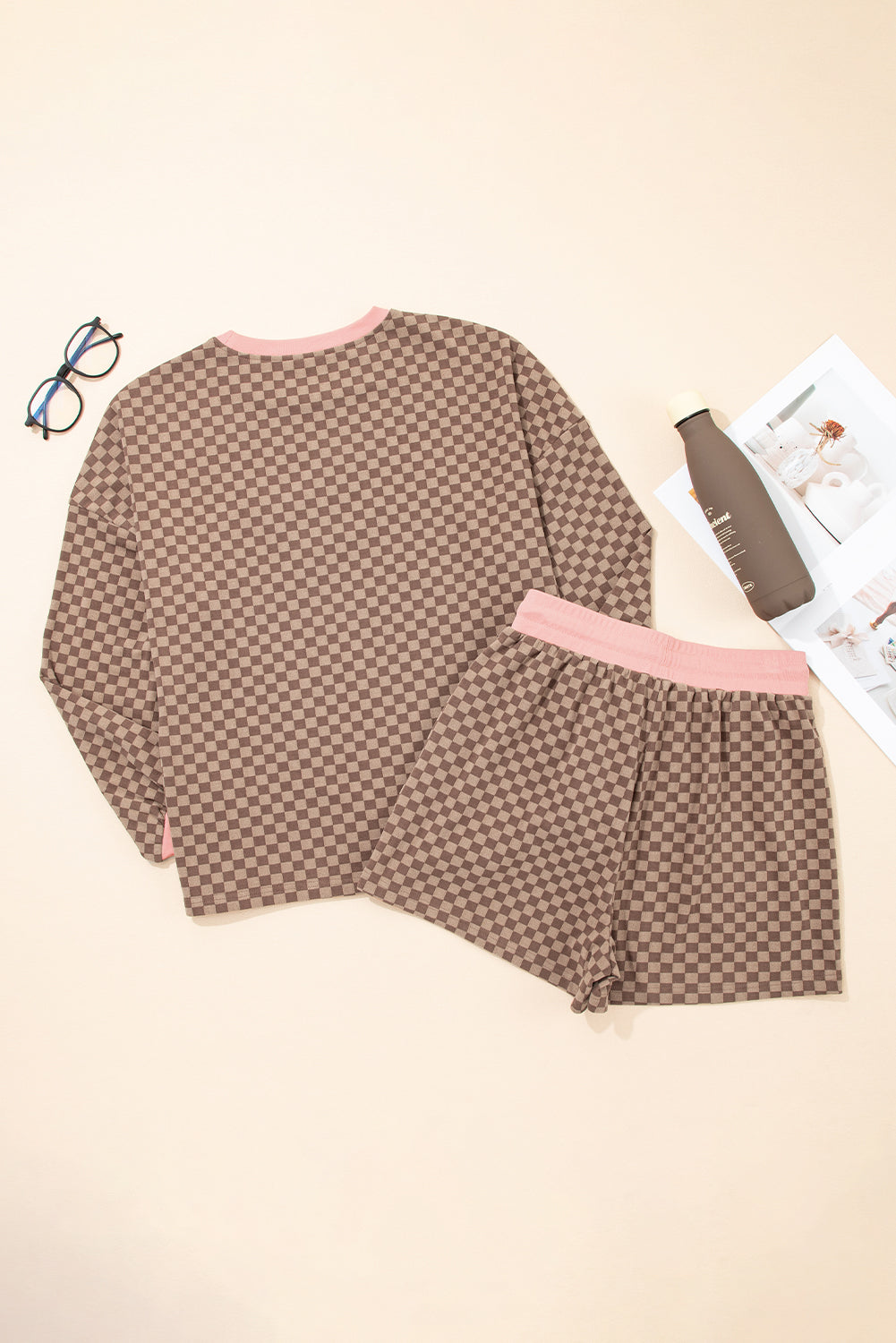 Brown Checkerboard Long Sleeve Pullover and Shorts Set