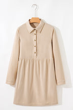 Oatmeal Corduroy Half Button Collared Long Sleeve Mini Dress
