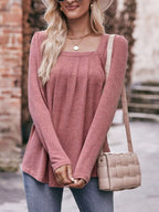 Pleated Square Neck Long Sleeve T-Shirt