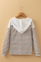 Khaki Stripe Textured Hooded V Neck Casual Long Sleeve Top