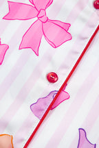 Pink Striped Bow Print Contrast Piping Trim Shirt and Pants 2pcs Pajama Set