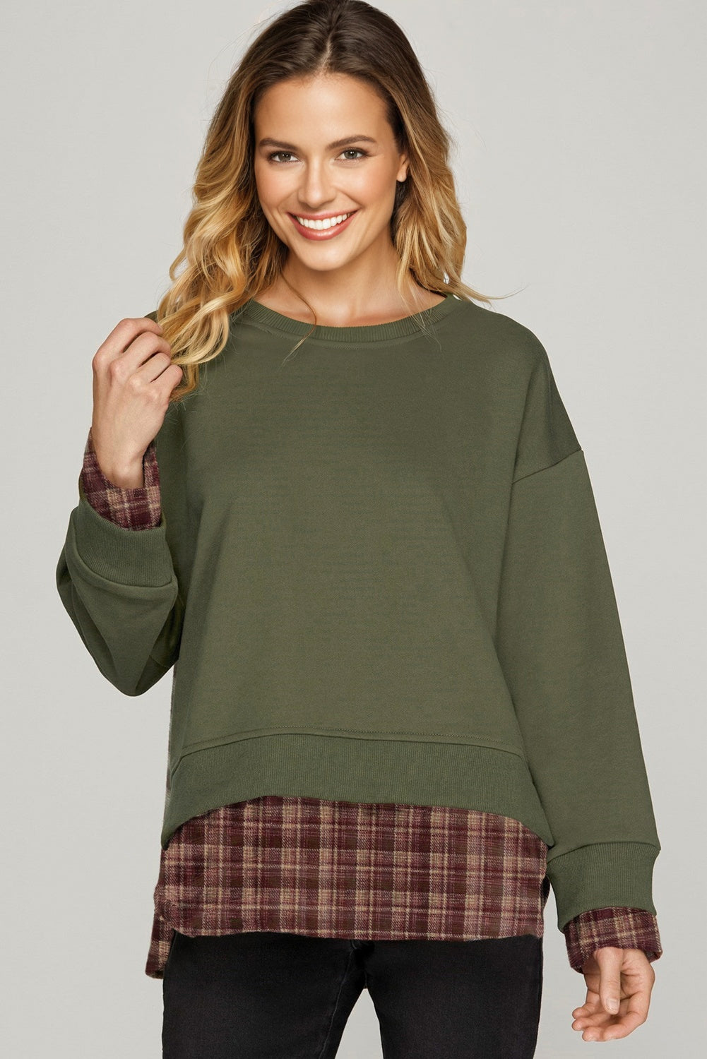 Moss Green Vintage Plaid Patchwork Drop Shoulder Sweatshirt