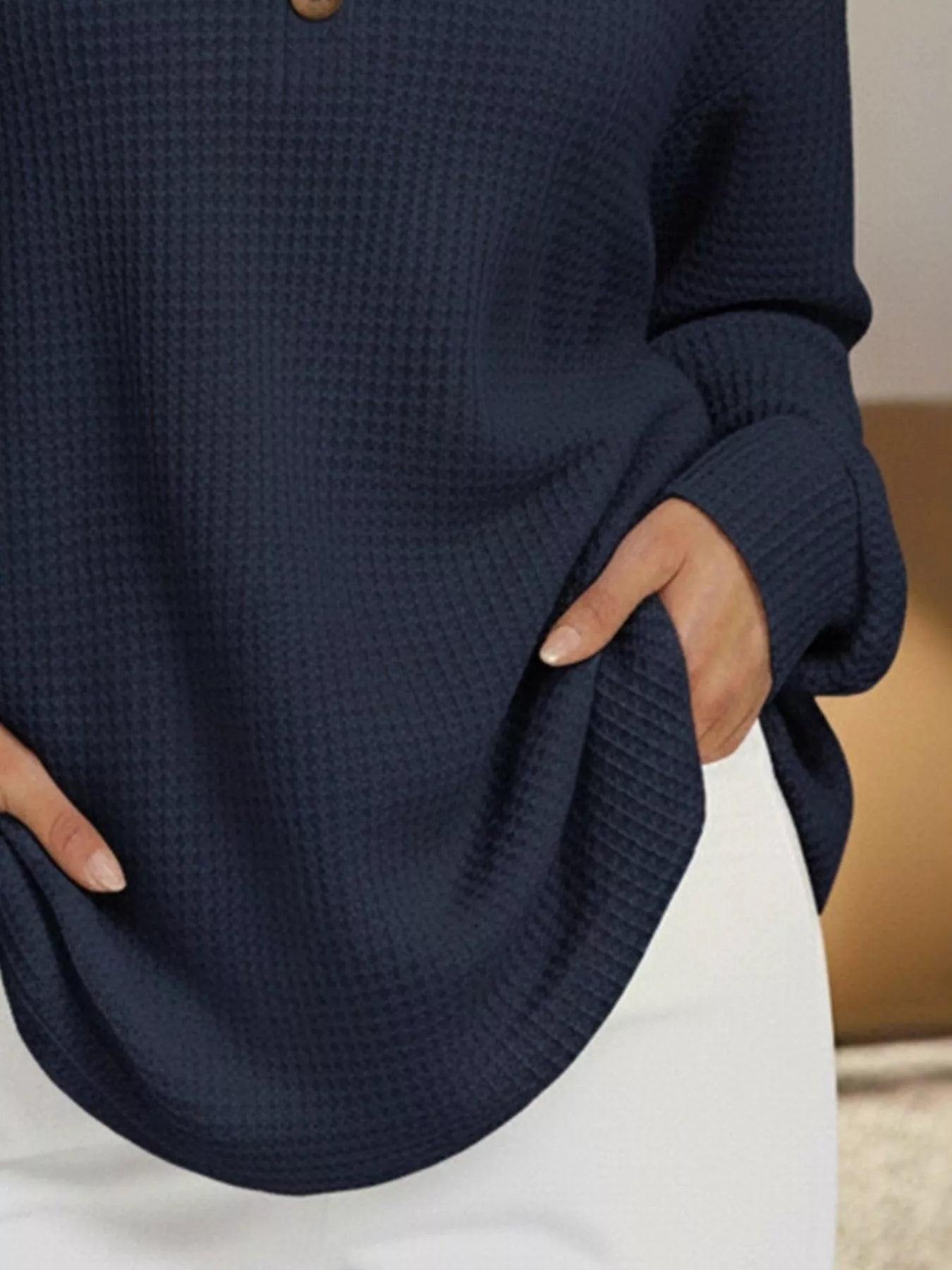 Full Size Casual Waffle Knit V-Neck Long Sleeve T-Shirt Plus Size