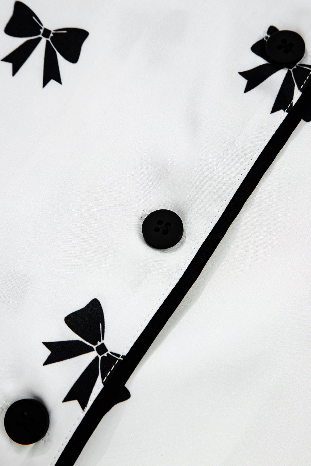 Elegant White Bows Print Two-Piece Sleepwear Set - Long Sleeve Collar Top & High Waist Pants