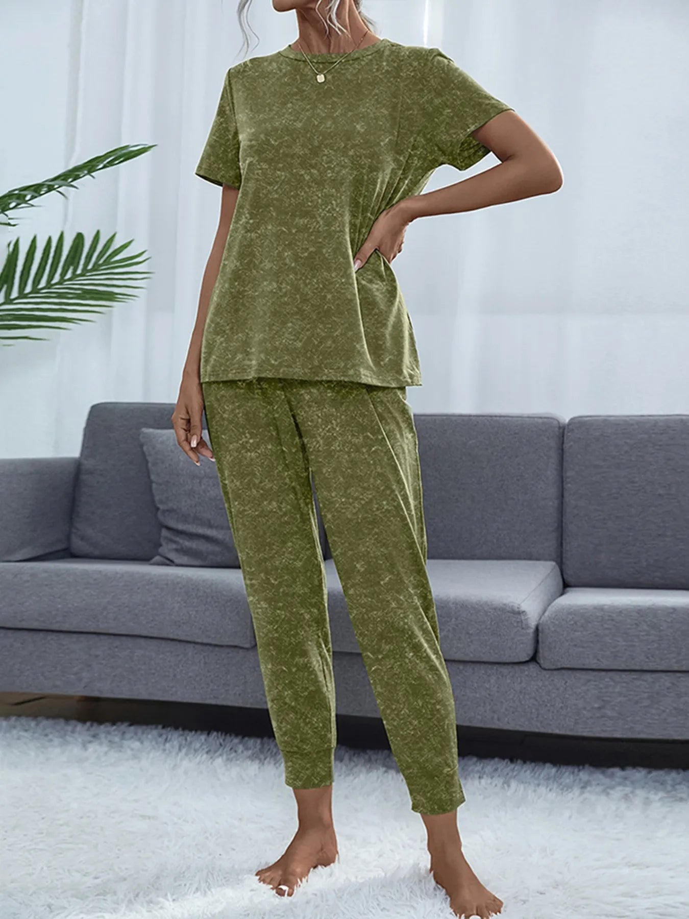 Round Neck Short Sleeve Top and Pants Lounge Set