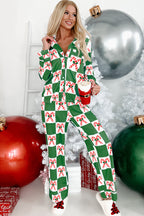 Festive Green Holly Jolly Checkered Pattern 2-Piece Long Pajama Set for Women