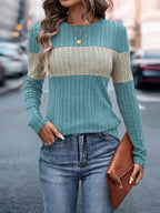 Color Block Ribbed Knit Long Sleeve T-Shirt