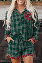 Festive Green Plaid Contrast Patched Christmas Holiday Long Sleeve Shirt & Short Pajama Set for Women