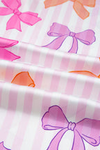 Pink Striped Bow Print Contrast Piping Trim Shirt and Pants 2pcs Pajama Set