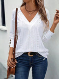 Eyelet V-Neck Long Sleeve T-Shirt