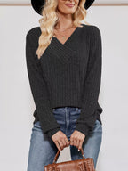 Ribbed Knit V-Neck Long Sleeve T-Shirt